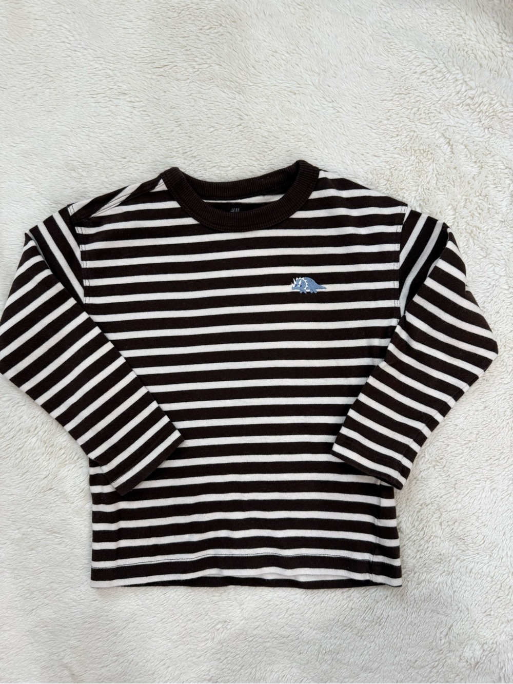 H&M Kids Brown and White Striped Long-Sleeve Tee with Small Embroidered Dino
